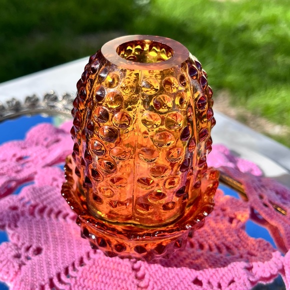 Vintage Fenton Amber Glass Hobnail Fairy Lamp Candle Holder, 2 pc, approx 4.75" - Picture 4 of 14